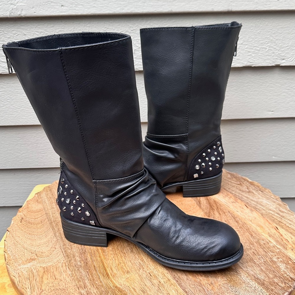 BCBG Paris Womens 8 Black Studded Moto Biker Mid Calf Boots Rhinestone Side Zip